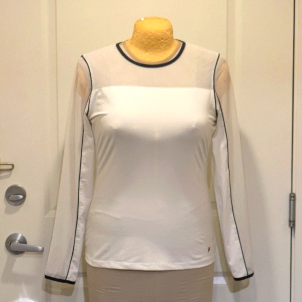 3/$30 EUC Vintage 90s Fila XL Sheer Panel White Stretch Top with Black Piping